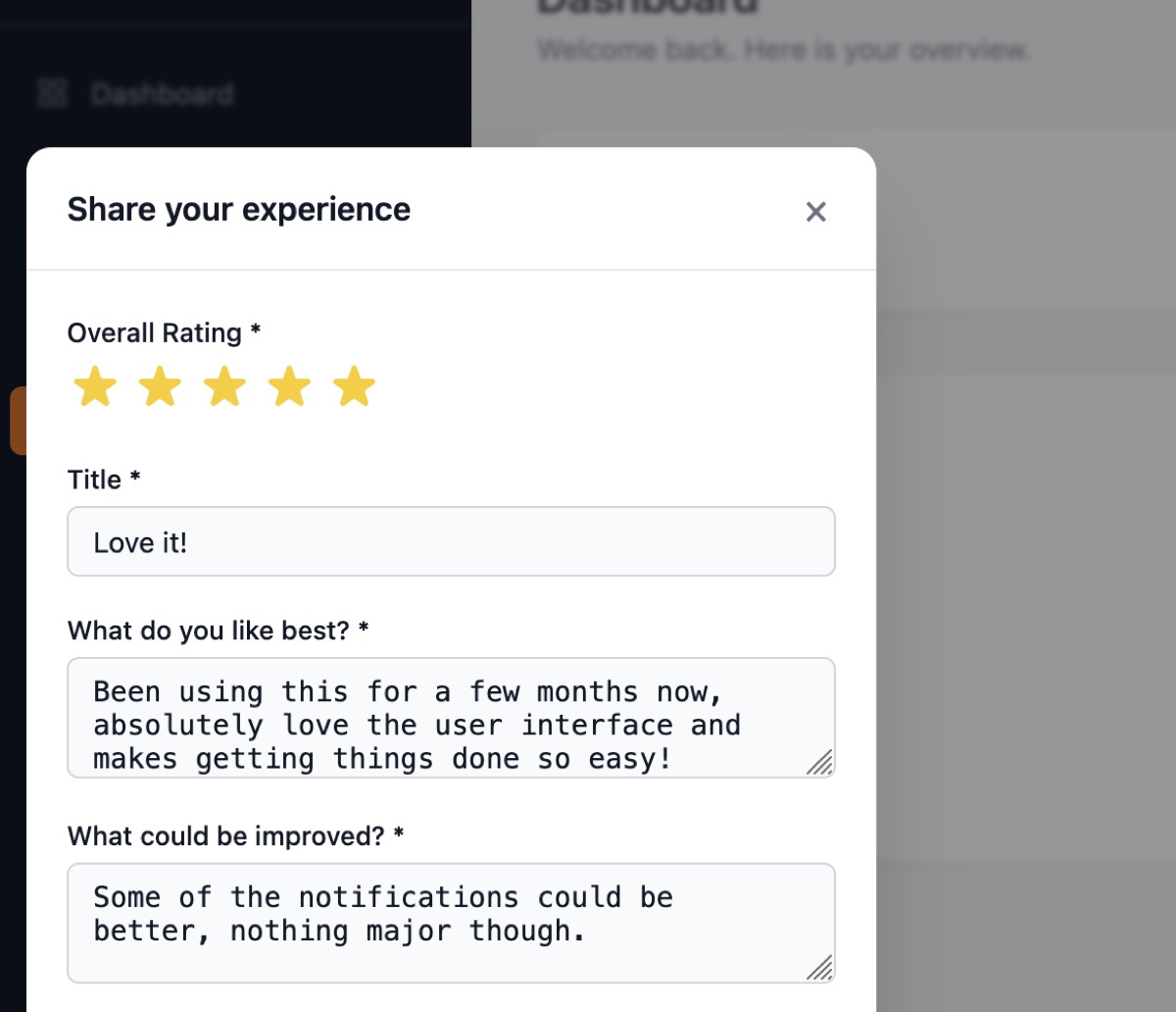 Testimonial collection widget inside a SaaS product