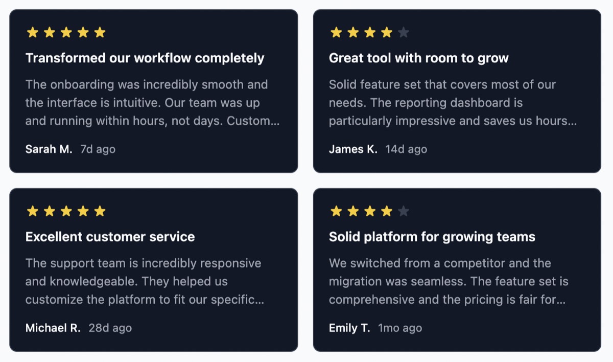 Testimonial display widget on a marketing website